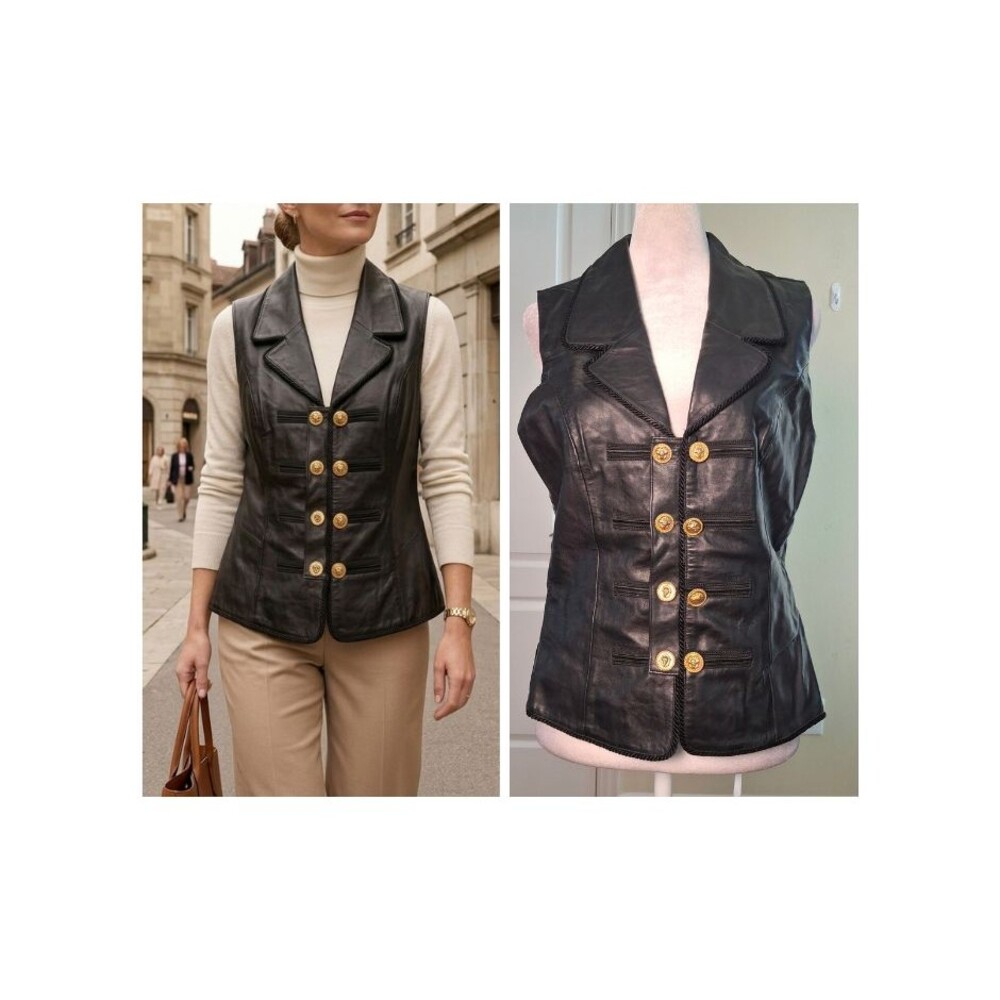 Margret Godfrey Black Leather Military Vest M Gold Crest Button Dark Academia